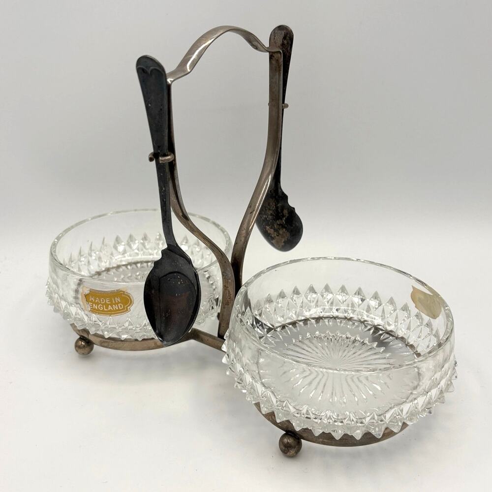 Vintage Queen Anne Double Condiment Caddy Jam SILVER PLATE Glass made in England